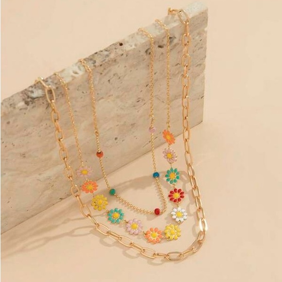 3 Piece Layered Flower Gold Tone Chain Fashion Necklaces NK01 - Picture 4 of 6
